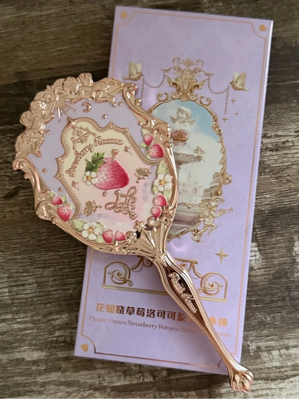 Ornate Pink Strawberry Hand Mirror with Rose-Gold Frame